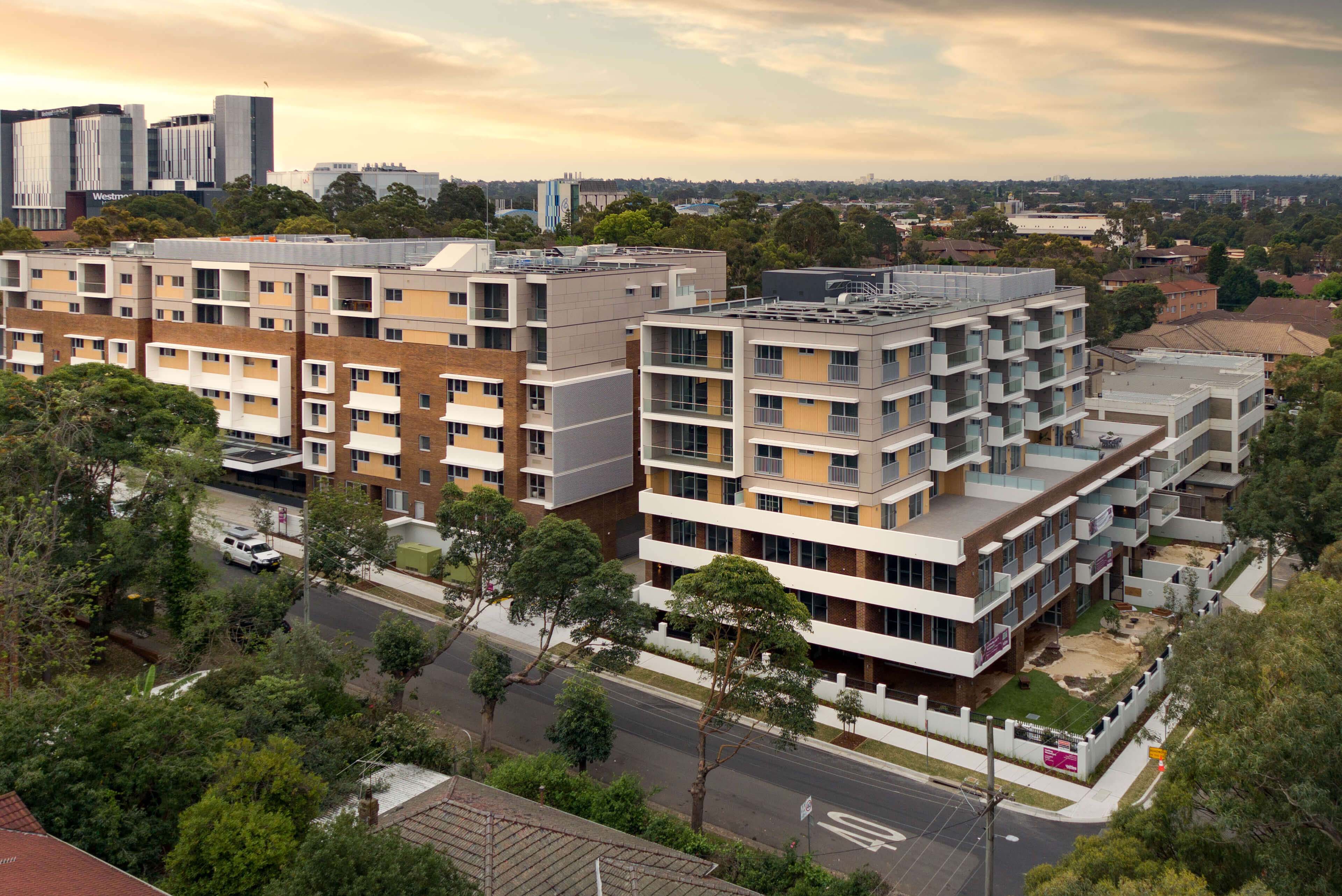 1 hero aerial view of independent living village at uniting mayflower westmead taylor construction aged care