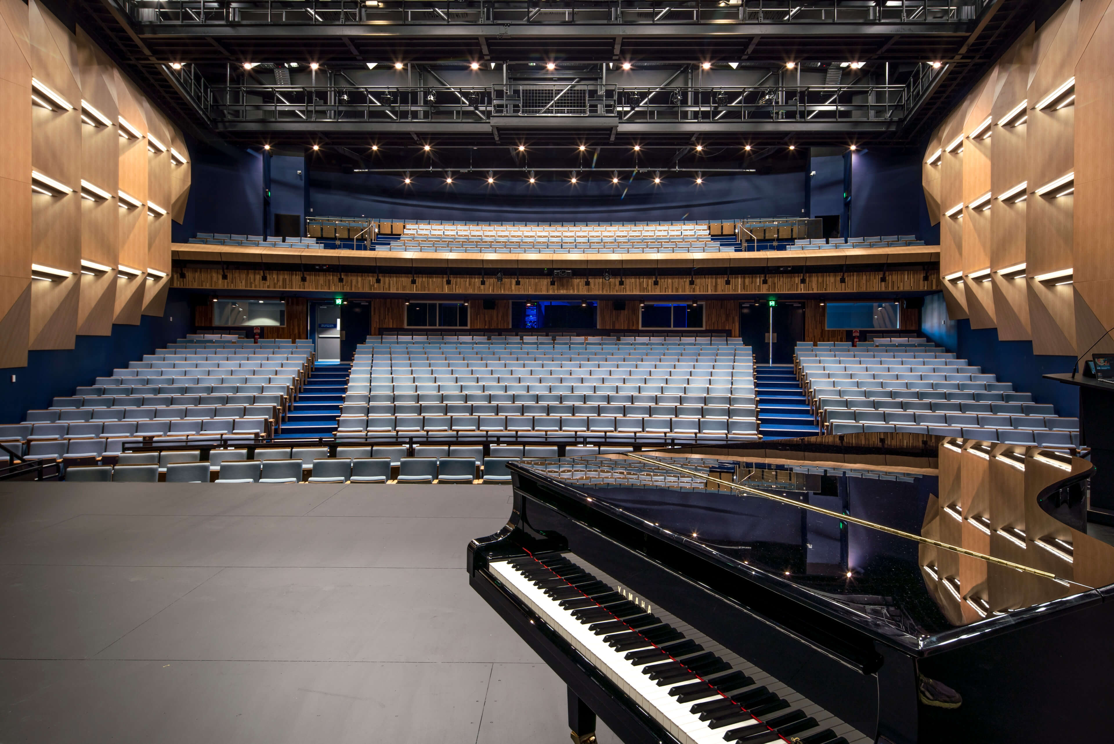 14 view from the stage of grand piano in lyric theatre and multipurpose auditorium at knox performing arts centre taylor construction education