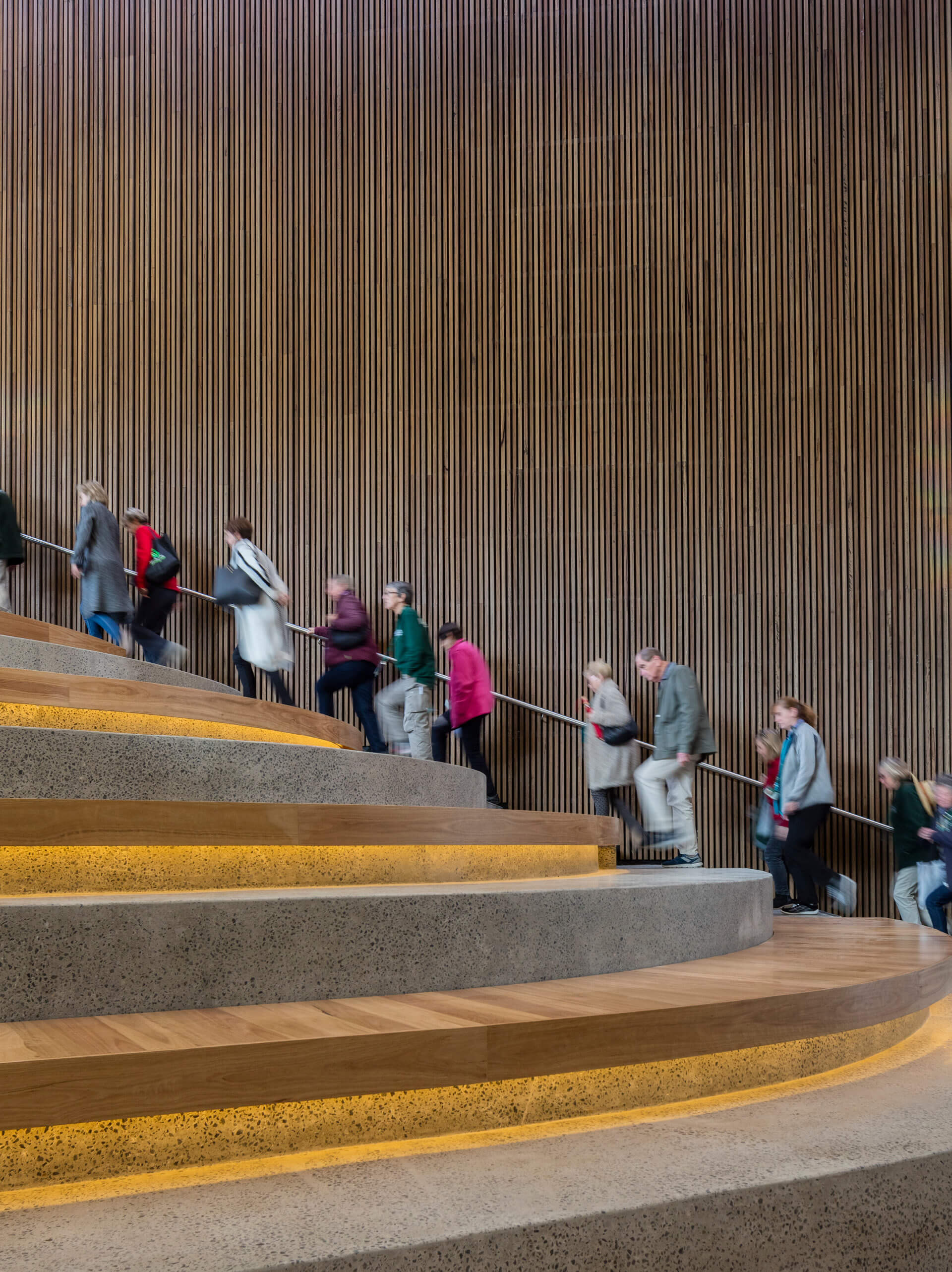21 central atrium stair seating with group of visitors walking up stairs taronga zoo institute sydney taylor construction education