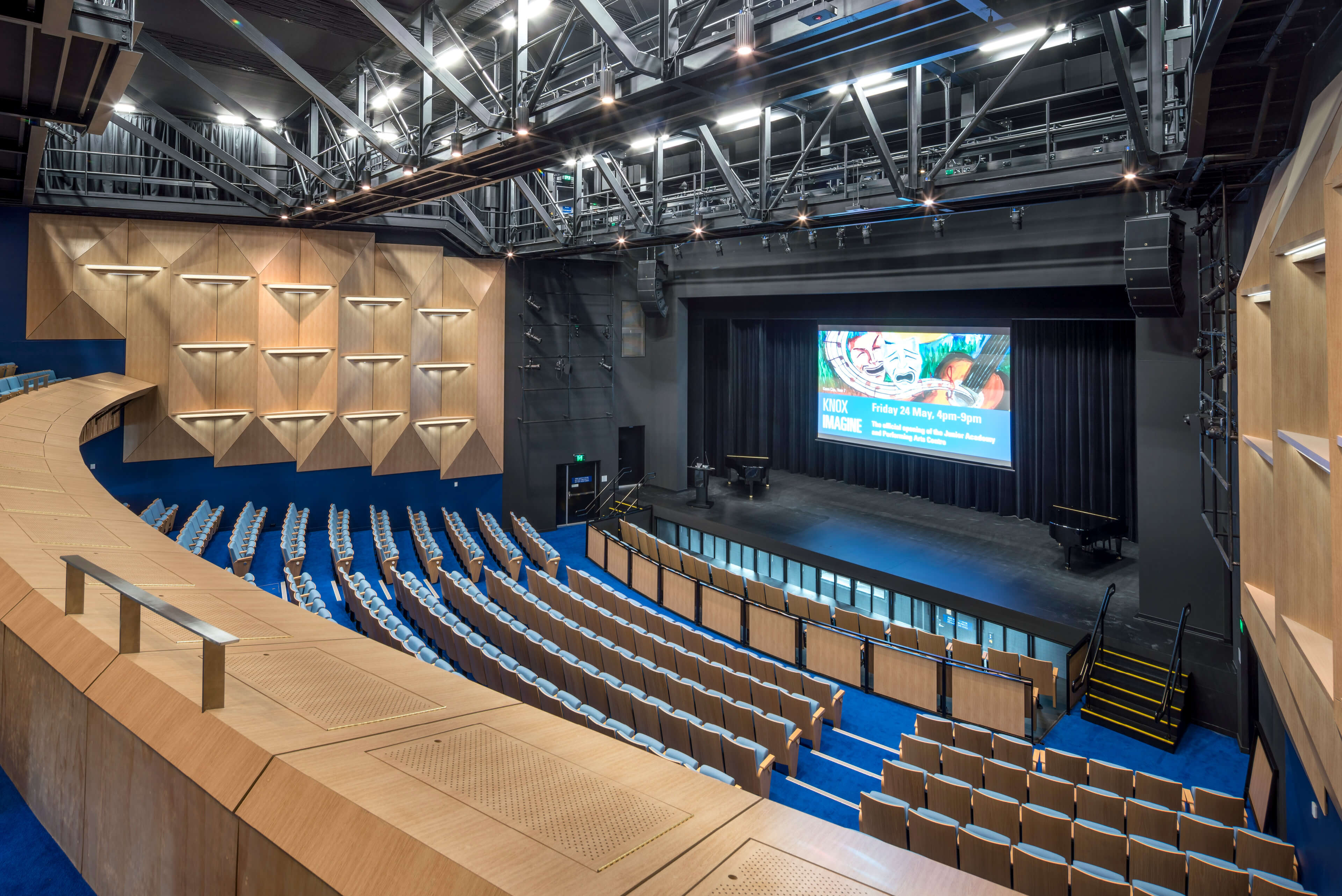 4 view to stage of 750 seat tiered lyric theatre and multipurpose auditorium at knox performing arts centre taylor construction education