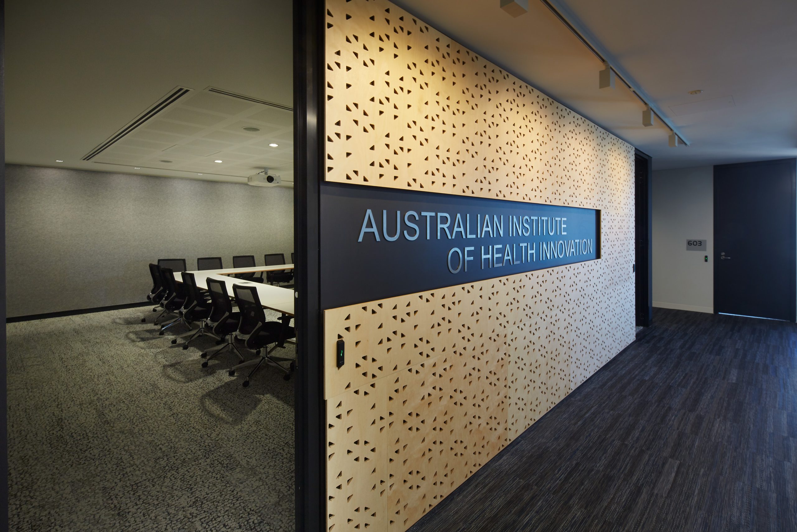 1 office sign entrance australian institute of health innovation taylor construction education fitout